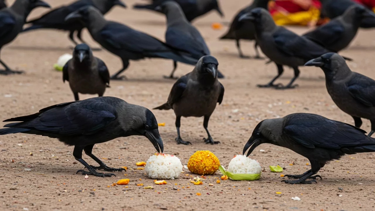 Crows eating pindas (rice balls), offerings for ancestors during Pitru Paksha Shraddh ritual- Crows Eating Pindas