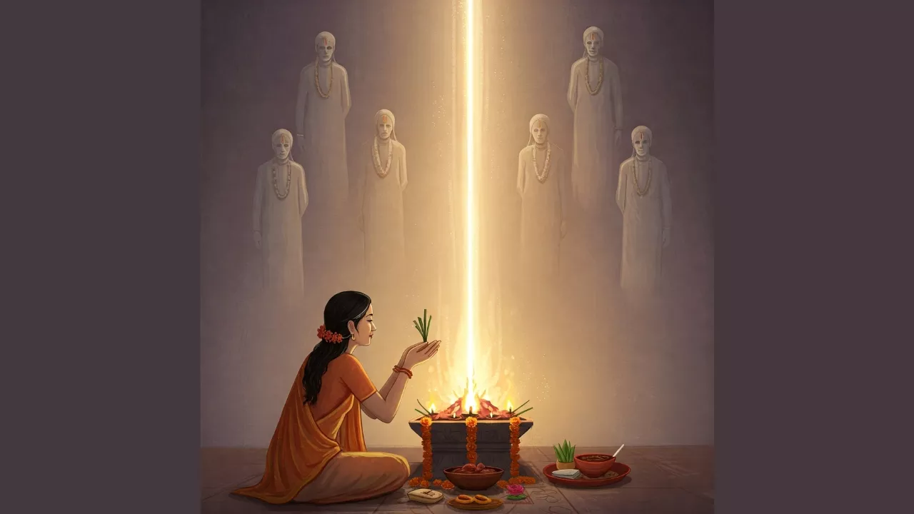 Woman performs Shradh/Havan offering grass to ancestors appearing in light above fire-Tarpan for Unknown Ancestors