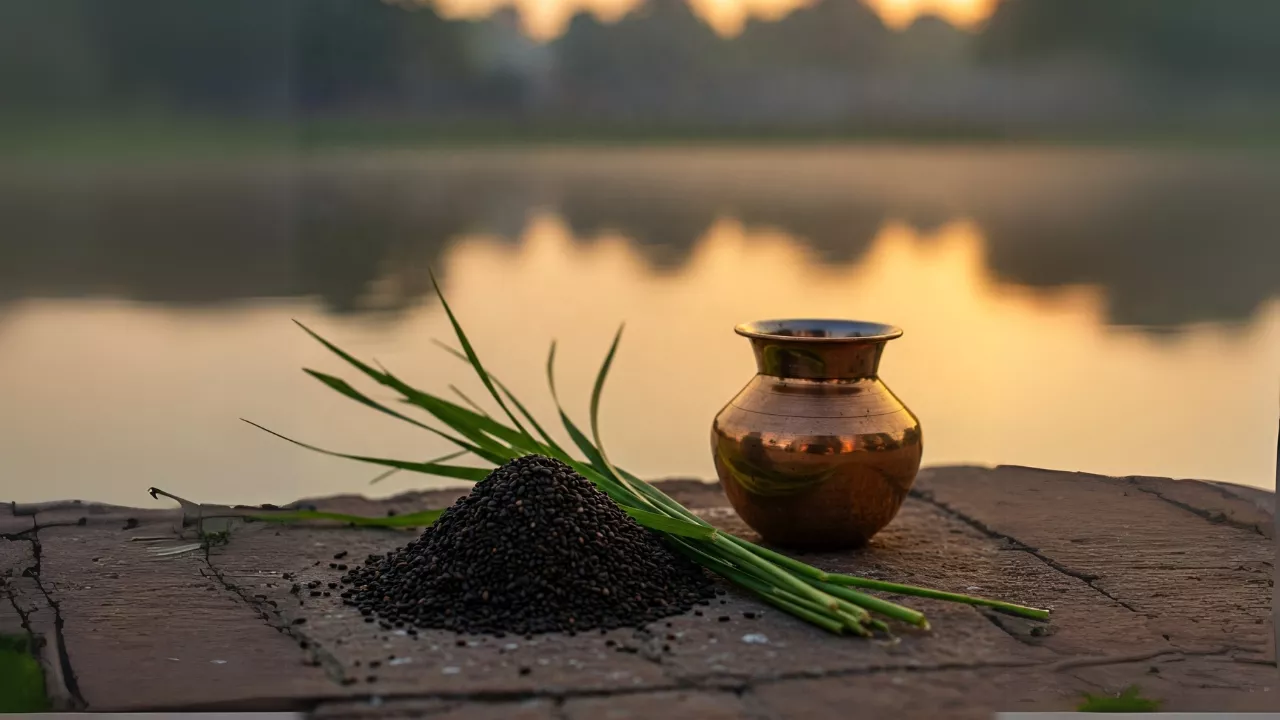 Essential items for Tarpan - black sesame seeds, Kusha grass, and water pot by river.