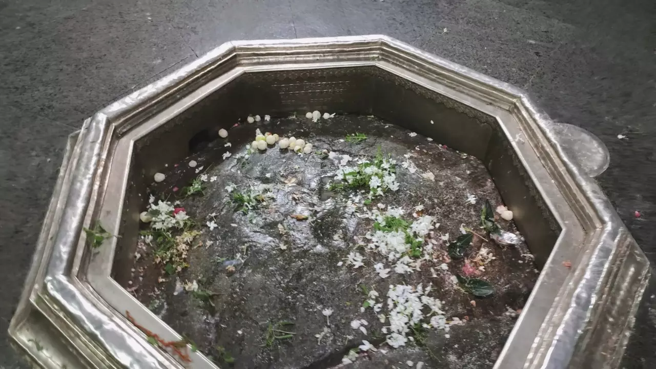 Image of Vishnu Pad shrine, Gaya: Pindas, flowers, leaves offered on the sacred stone footprint- Pind Daan in Gaya significance